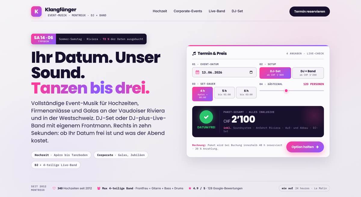 Eventagentur, Beispielseite mit Live-Preisrechner