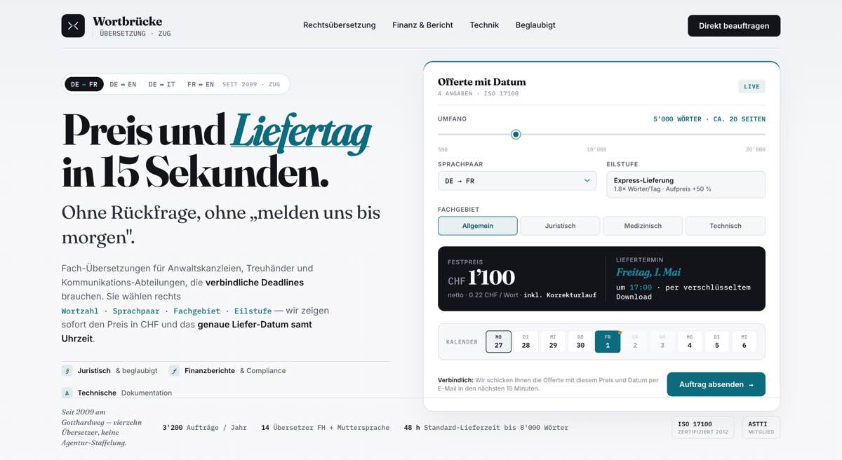 Übersetzung, Beispielseite mit Live-Preisrechner