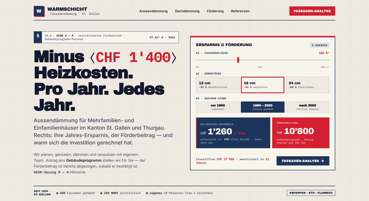 Fassadendämmung, Beispielseite mit Live-Preisrechner