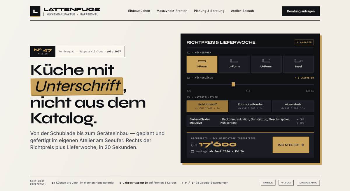 Küchenbau, Beispielseite mit Live-Preisrechner