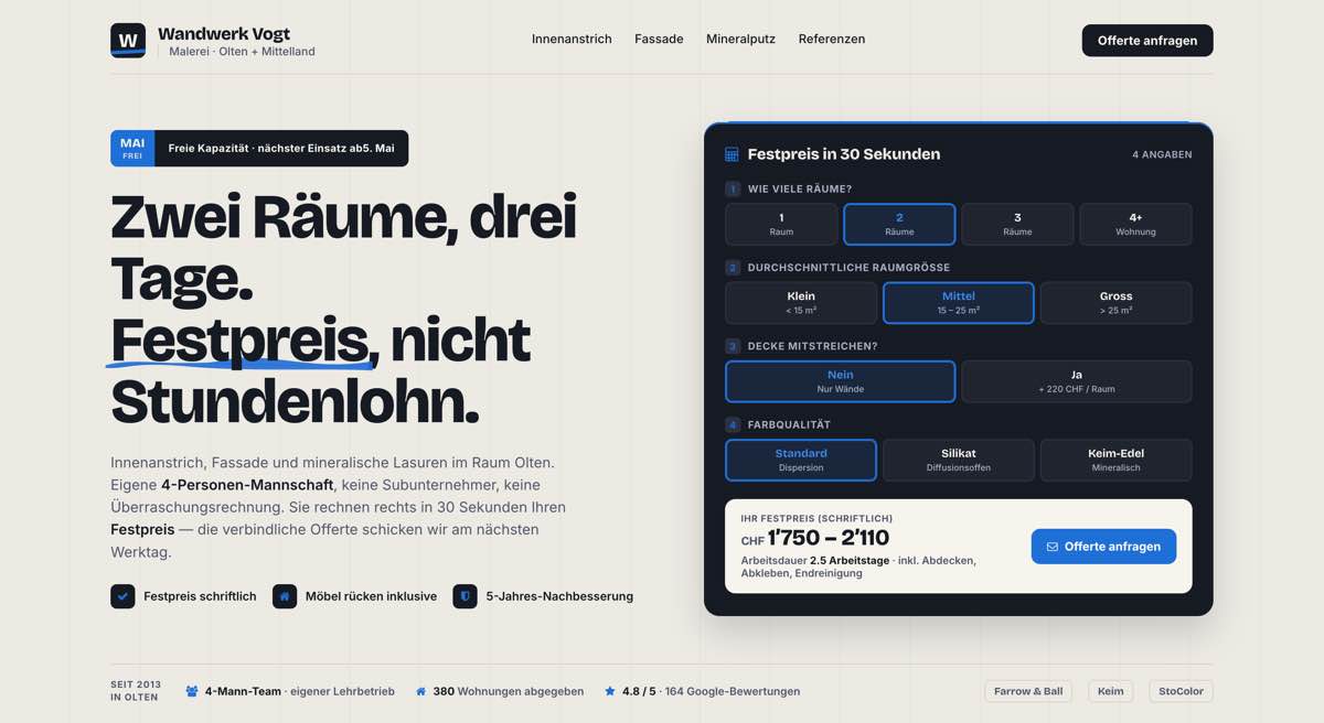 Maler, Beispielseite mit Live-Preisrechner
