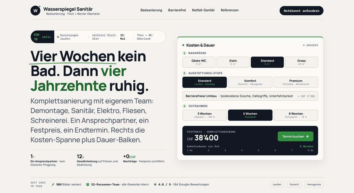 Sanitär, Beispielseite mit Live-Preisrechner