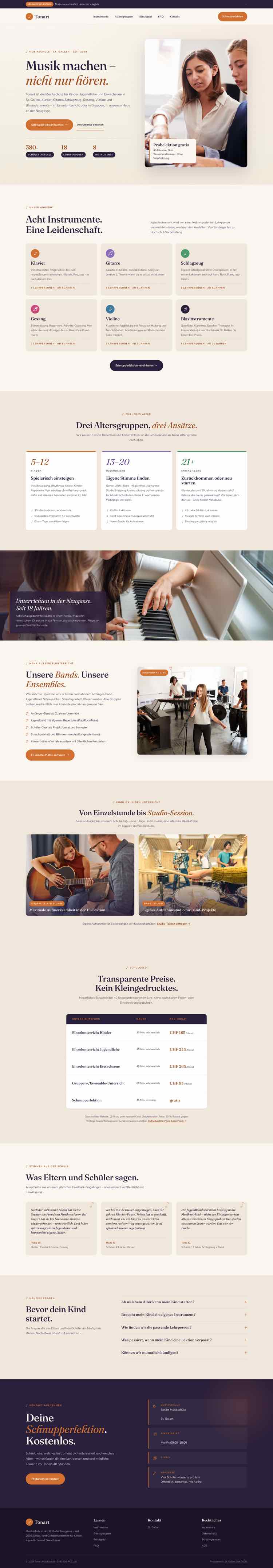 Musikschule, Beispielseite Webdesign Schweizer Mittelstand