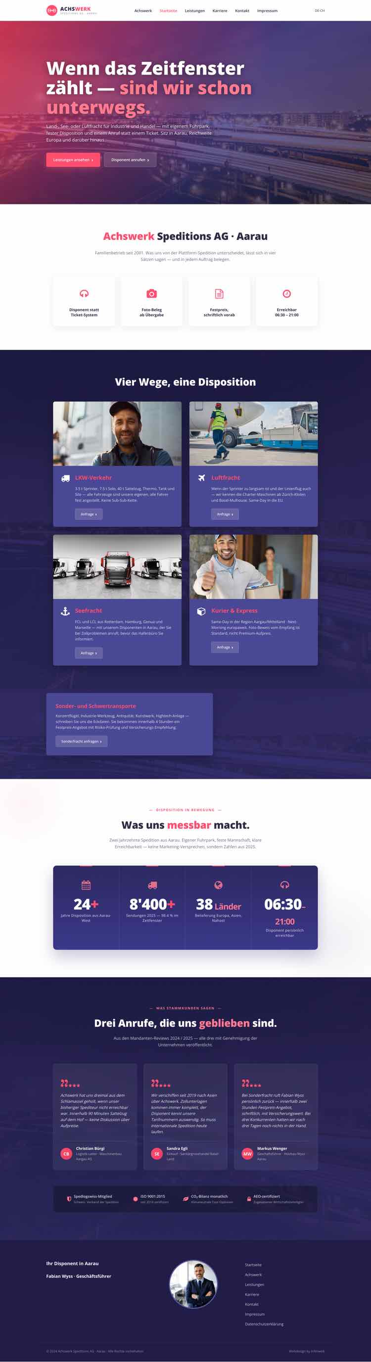 Internationale Spedition, Beispielseite Webdesign Schweizer Mittelstand