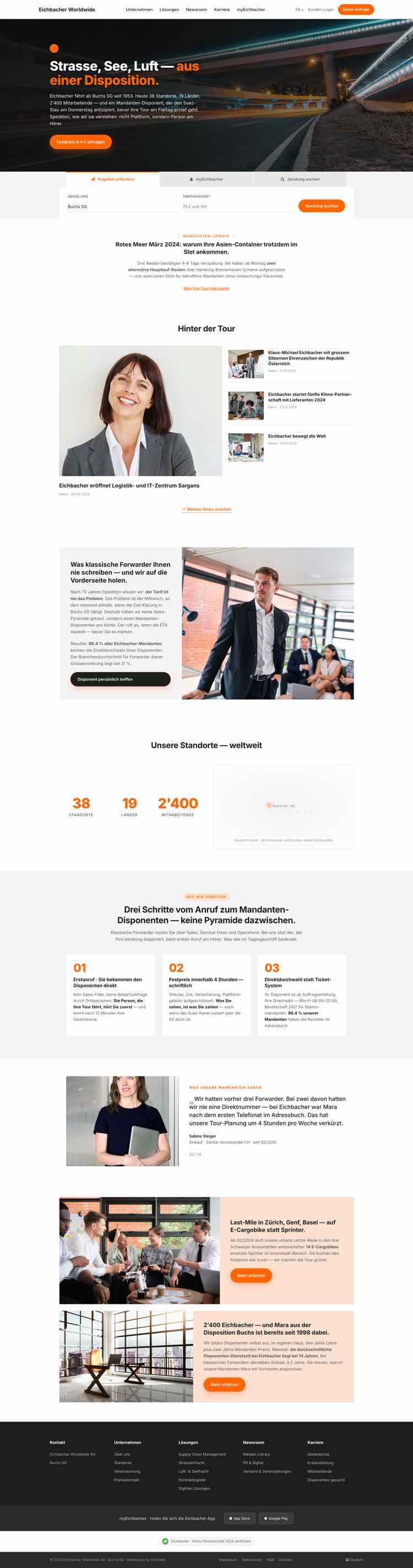 Internationale Spedition, Beispielseite Webdesign Schweizer Mittelstand