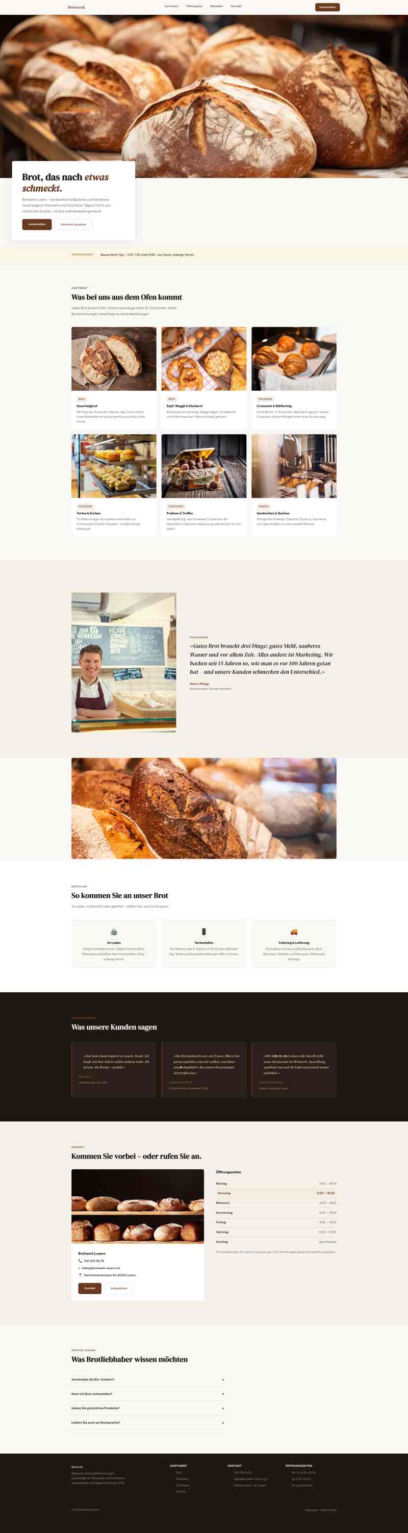 Einladende Website für Bäckerei mit Sortiment und Filialübersicht