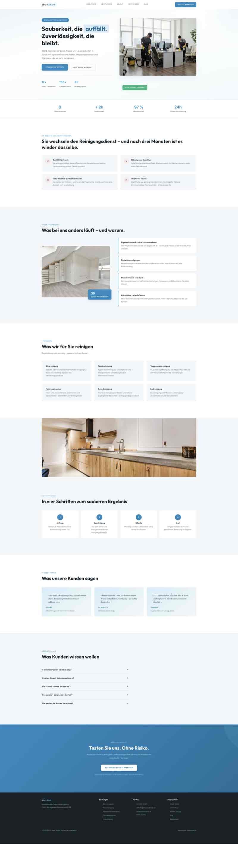 Professionelle Website für Gebäudereinigung mit Serviceangebot und Offertanfrage