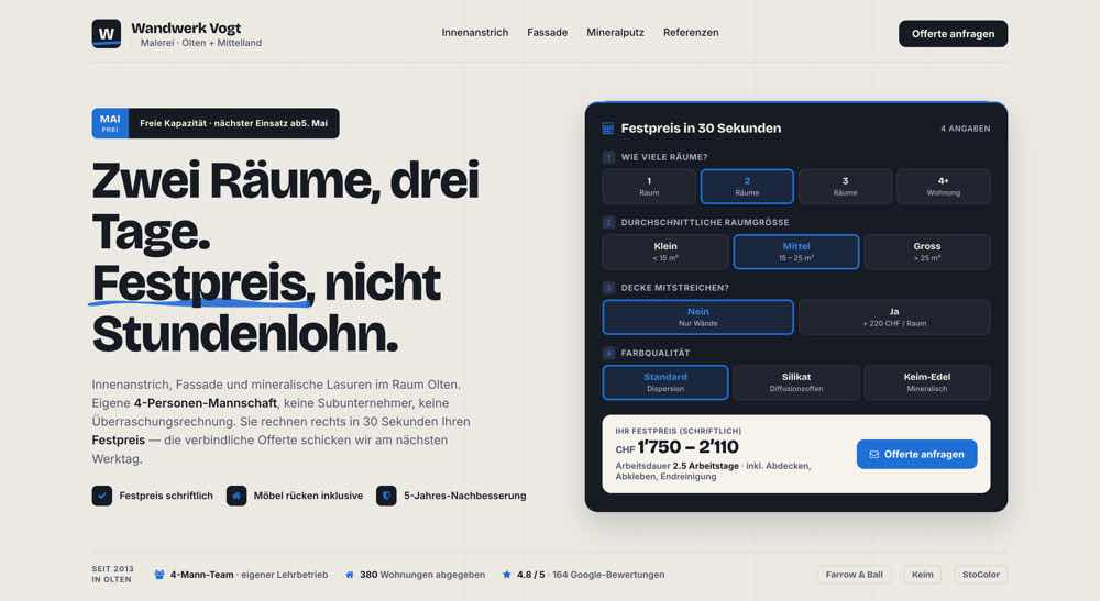 Maler aus Olten, Beispielseite Webdesign Handwerk