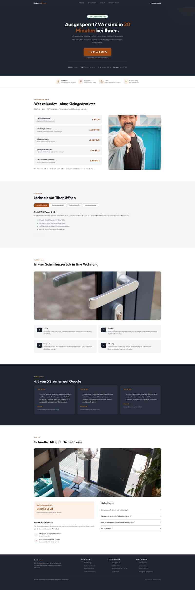 Klarer Webauftritt für Schlüsseldienst mit Notfallkontakt und Preistransparenz
