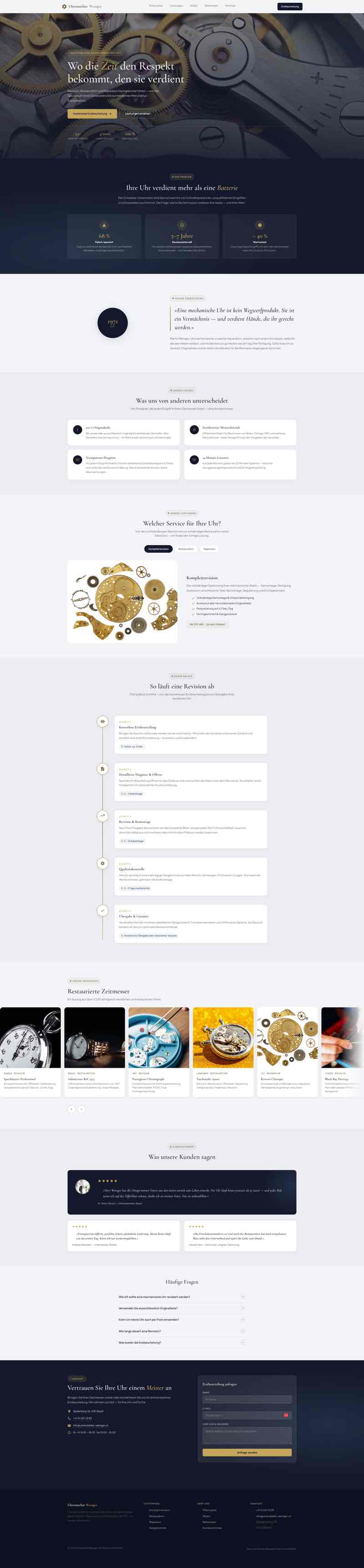 Eleganter Webauftritt für Uhrenatelier mit Werkstattleistungen und Terminbuchung